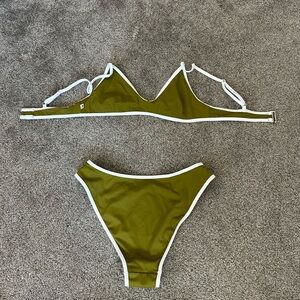 Olive Green Contrast-Trim Bikini Set - Women Swim